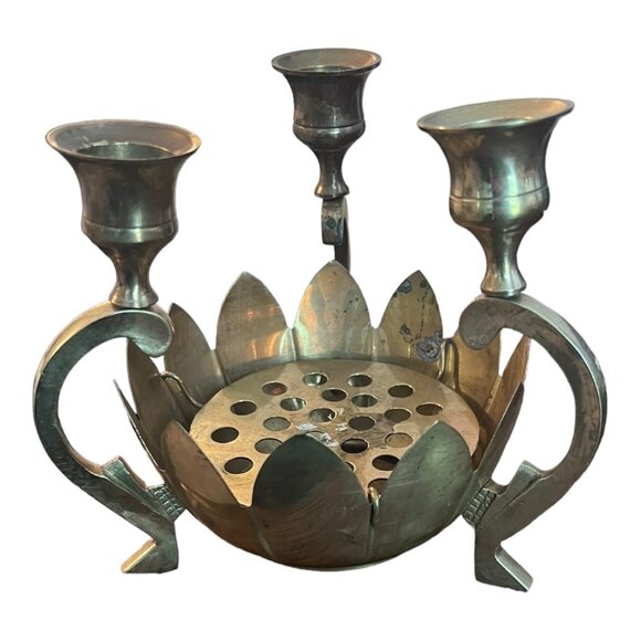 Brass Lotus 3 Arm Candelabra Flower Frog 6" Tall Made in India - Picture 1 of 7